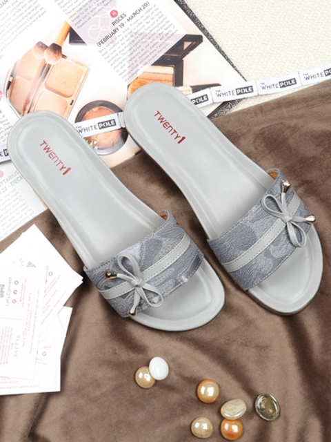 

THE WHITE POLE Women Grey Printed Ethnic Open Toe Flats with Bows