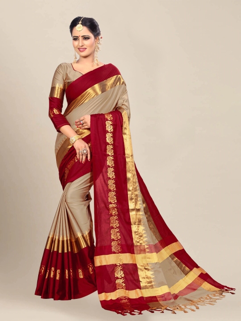 

VAIVIDHYAM Beige & Red Woven Design Zari Pure Cotton Banarasi Saree