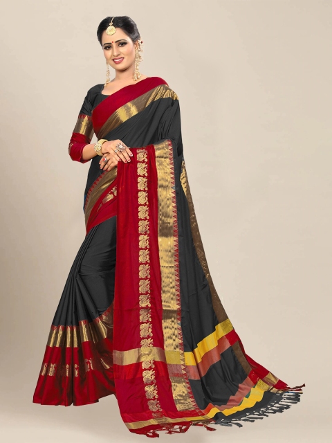 

VAIVIDHYAM Black & Red Pure Cotton Banarasi Saree