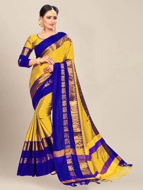 

VAIVIDHYAM Yellow & Blue Ethnic Motifs Zari Pure Cotton Banarasi Saree