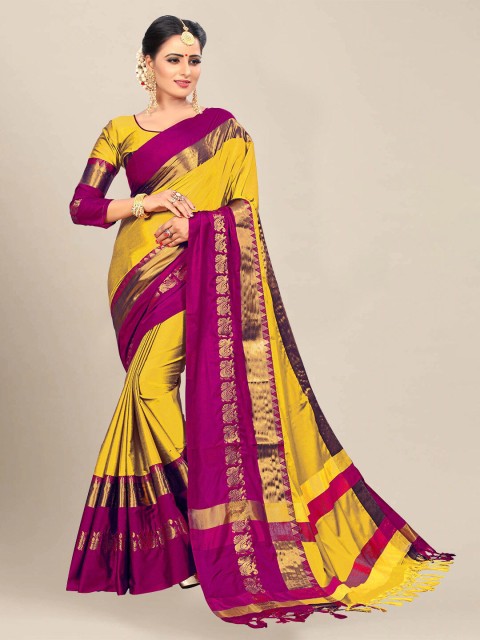 

VAIVIDHYAM Purple & Yellow Zari Pure Cotton Banarasi Saree