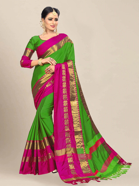 

VAIVIDHYAM Green & Magenta Woven Design Zari Pure Cotton Banarasi Saree