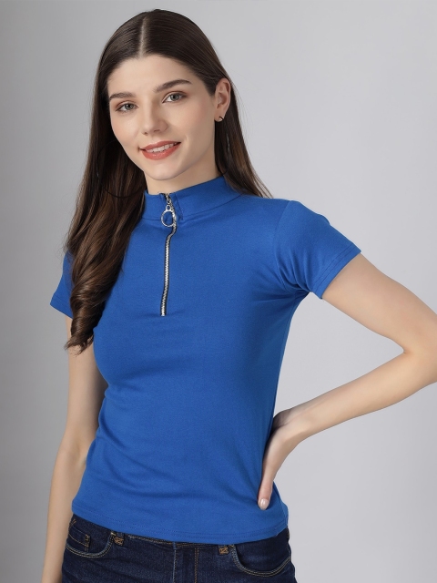 

Darzi Blue Solid High Neck Fitted Top