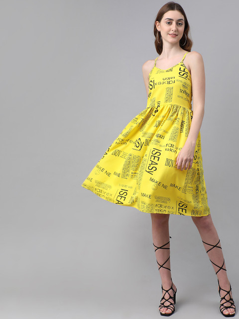 

Darzi Yellow Floral Crepe A-Line Dress