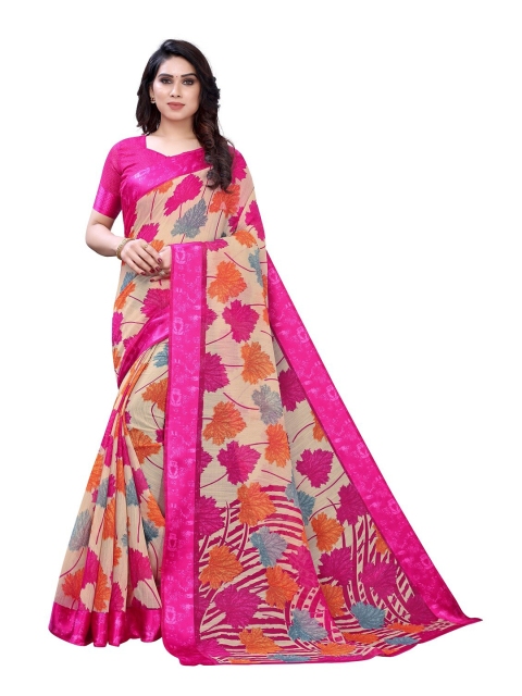 

PERFECTBLUE Magenta & Beige Floral Printed Saree