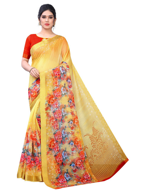 

PERFECTBLUE Yellow & Red Floral Saree