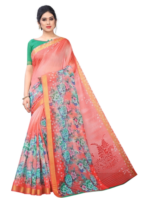 

PERFECTBLUE Peach-Coloured & Blue Floral Printed Saree