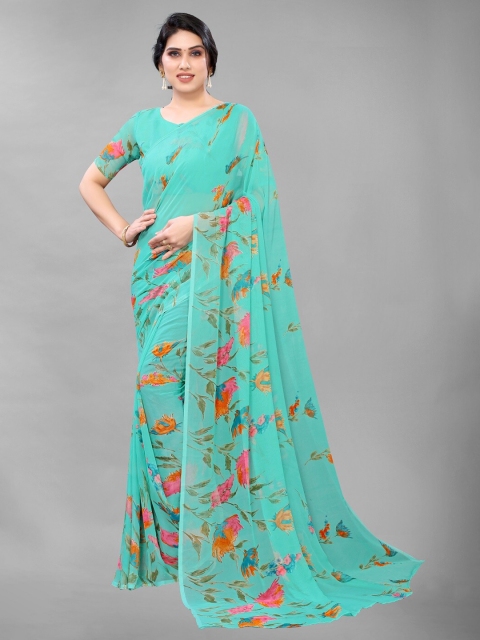 

PERFECTBLUE Teal Green & Orange Floral Saree