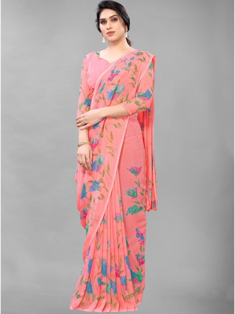 

PERFECTBLUE Peach-Coloured & Blue Floral Saree