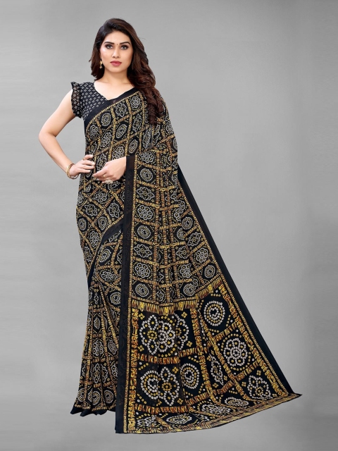 

PERFECTBLUE Black & White Bandhani Georgette Saree