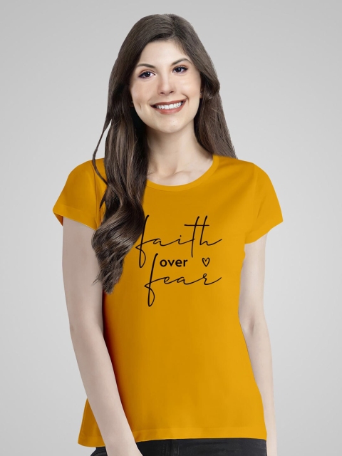 

Pootlu Women Yellow Typography Printed Extended Sleeves T-shirt