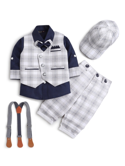 

Hopscotch Boys Navy Blue & White Checked Shirt & Trousers With Waistcoat & Suspenders