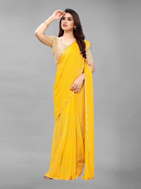 

PERFECTBLUE Yellow & White Bandhani Printed Zari Saree