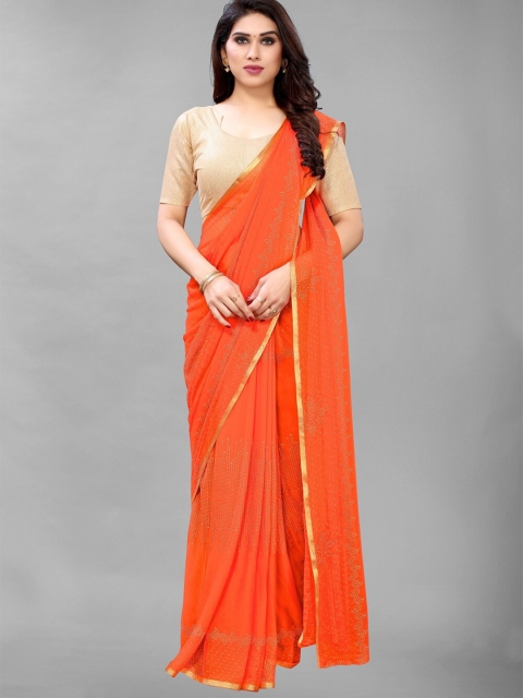 

PERFECTBLUE Orange & Gold-Toned Floral Zari Saree