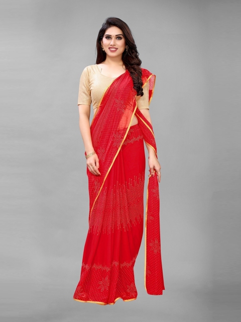 

PERFECTBLUE Red & Gold-Toned Geometric Printed Saree