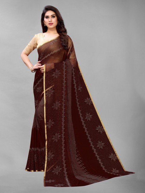 

PERFECTBLUE Brown & Gold-Toned Floral Printed Zari Saree
