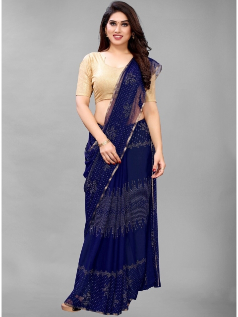 

PERFECTBLUE Blue & Gold-Toned Floral Zari Saree