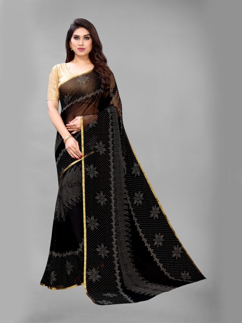 

PERFECTBLUE Black & Golden Ethnic Motifs Printed Zari Saree