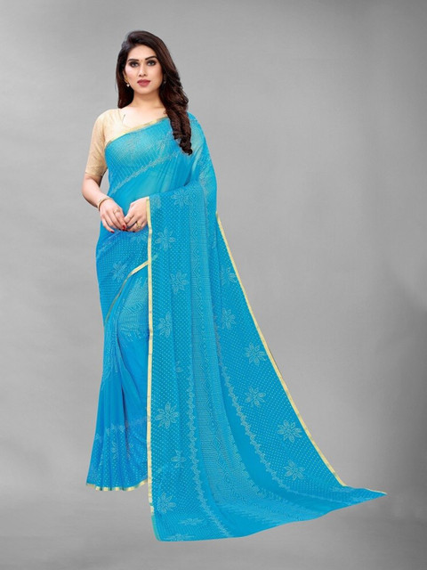 

PERFECTBLUE Blue & Gold-Toned Floral Zari Saree