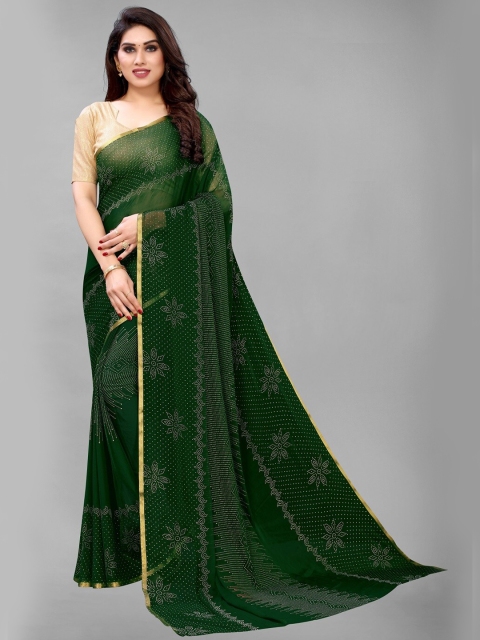 

PERFECTBLUE Green & White Bandhani Zari Saree