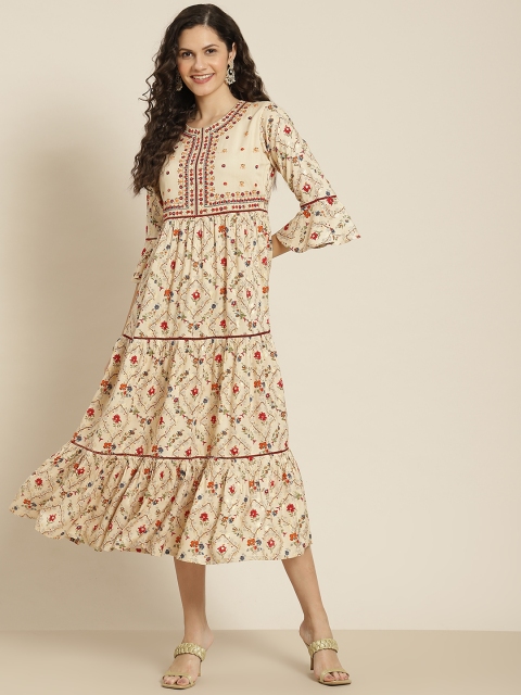 

Juniper Beige & Red Floral Embroidered Ethnic A-Line Midi Dress