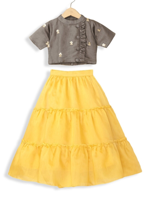 

Hopscotch Girls Yellow & Grey Embroidered Ready to Wear Lehenga & Choli