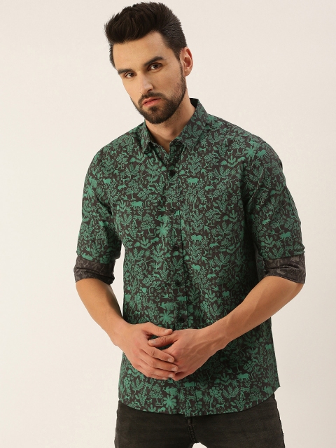 

IMYOUNG Men Black & Green Pure Cotton Smart Slim Fit Floral Print Casual Shirt