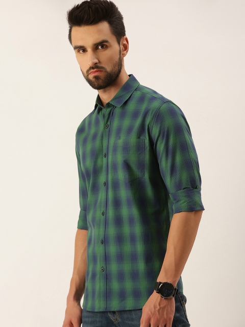 

IMYOUNG Men Green & Blue Pure Cotton Smart Slim Fit Checked Casual Shirt