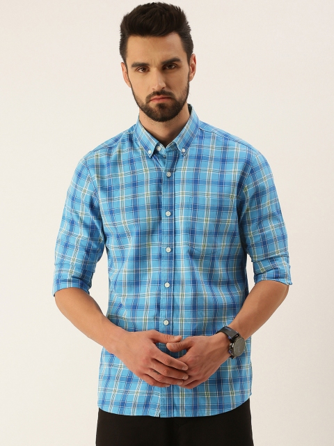 

IMYOUNG Men Blue & Yellow Pure Cotton Smart Slim Fit Checked Casual Shirt