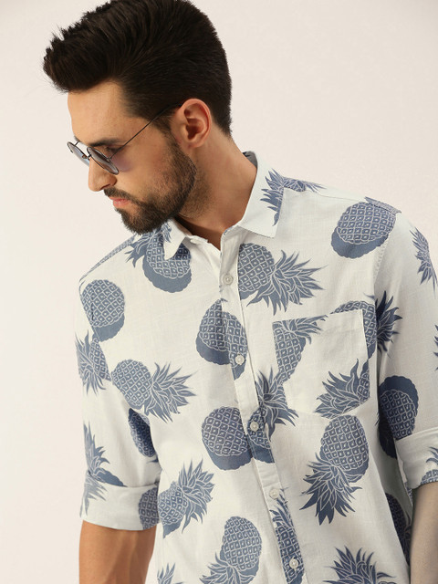 

IMYOUNG Men White & Blue Pure Cotton Smart Slim Fit Tropical Printed Casual Shirt