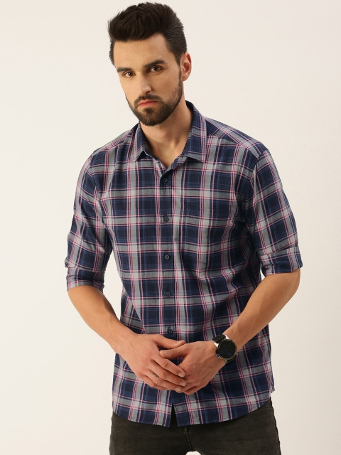 

IMYOUNG Men Navy Blue & Pink Pure Cotton Smart Slim Fit Checked Casual Shirt