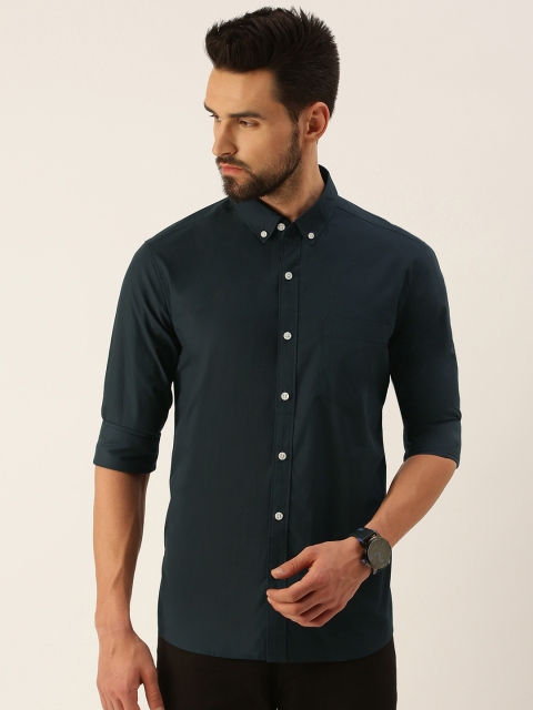 

IMYOUNG Men Navy Blue Pure Cotton Solid Smart Slim Fit Casual Shirt