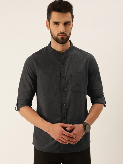

IMYOUNG Men Charcoal Black Solid Smart Slim Fit Casual Shirt