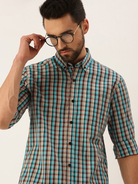 

IMYOUNG Men Blue & Beige Pure Cotton Smart Slim Fit Checked Casual Shirt