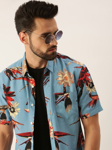 

IMYOUNG Men Blue & Red Pure Cotton Smart Slim Fit Floral Printed Casual Shirt