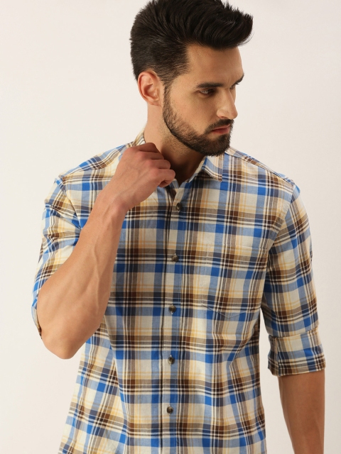 

IMYOUNG Men Blue & Beige Pure Cotton Smart Slim Fit Checked Casual Shirt