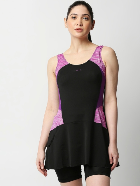

Black Panther Women Black & Pink Colourblocked Swimwear With Attached Shorts
