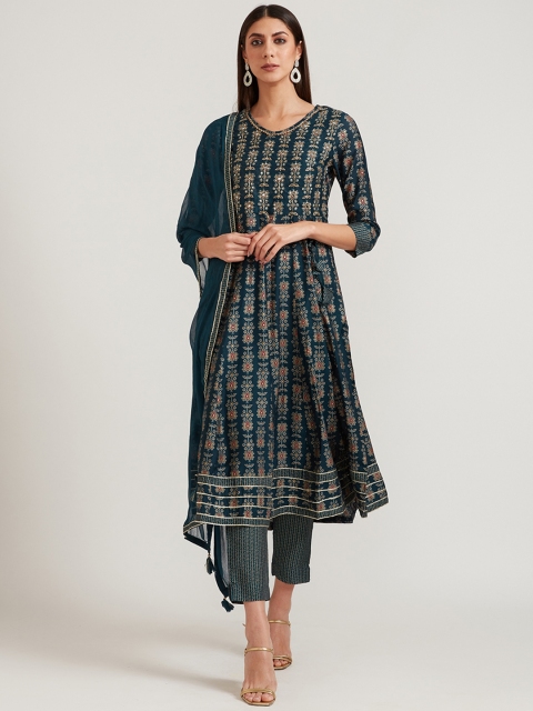 

Neerus Women Blue Ethnic Motifs Printed Sequinned Cotton Blend Kurta Set