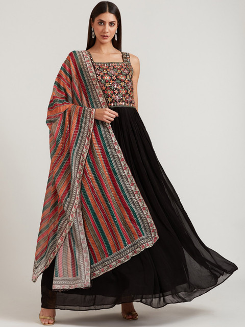 

Neerus Women Black Embroidered Silk Georgette Kurta With Dupatta