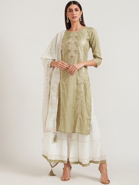 

Neerus Women Green & White Pure Cotton Kurta with Palazzos & With Dupatta