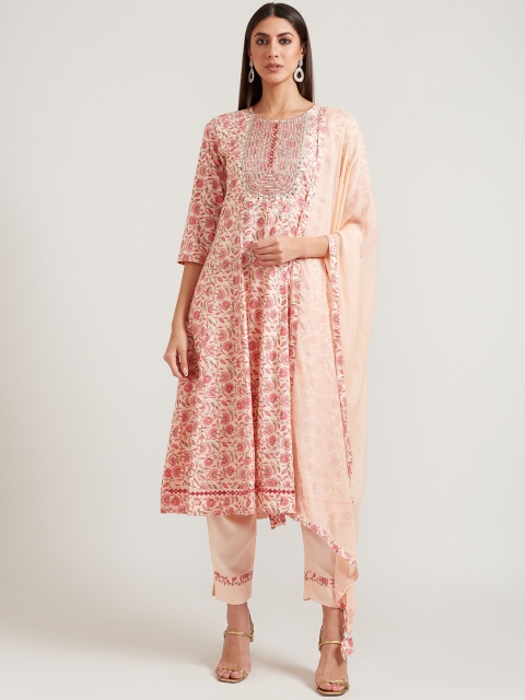 

Neerus Women Peach-Coloured Ethnic Motifs Pure Cotton Kurta with Churidar & With Dupatta