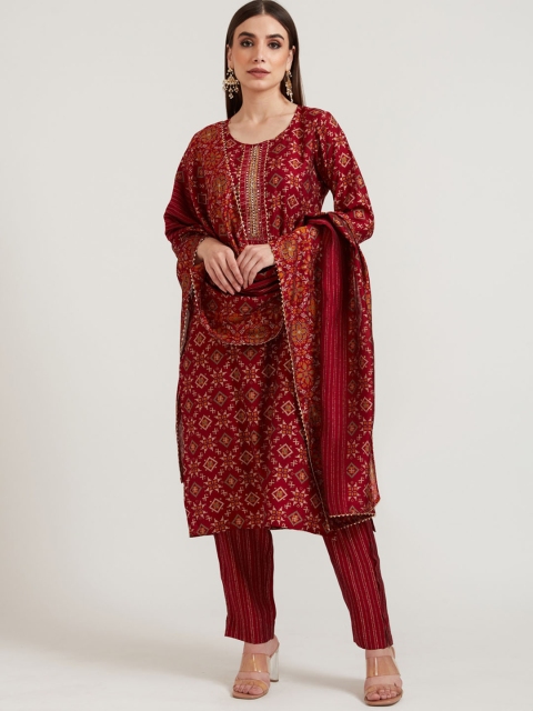 

Neerus Women Maroon Printed Mirror Work Silk Crepe Kurta with Trousers & With Dupatta