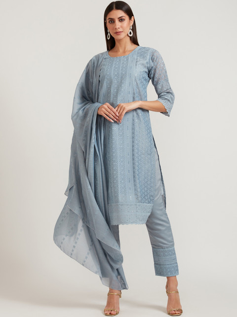 

Neerus Women Grey Panelled Thread Work Chanderi Silk Kurta with Trousers & With Dupatta