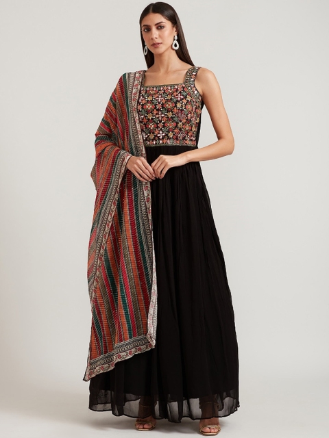 

Neerus Women Black Empire Aari Work Silk Georgette Kurta with Skirt & With Dupatta