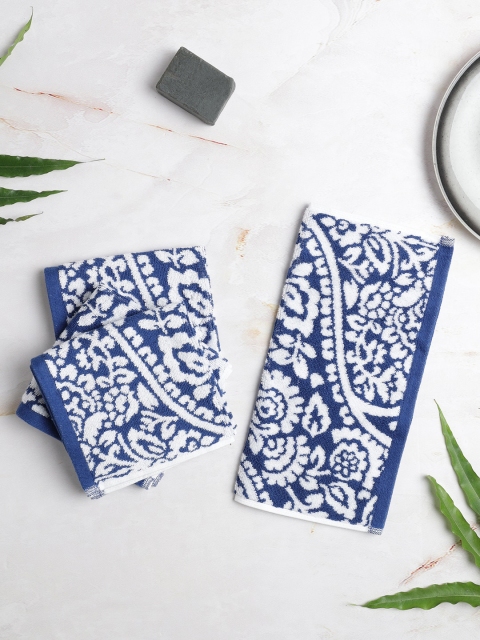 

SPACES Set Of 4 Blue & White Printed 588 GSM Pure Cotton Face Towels