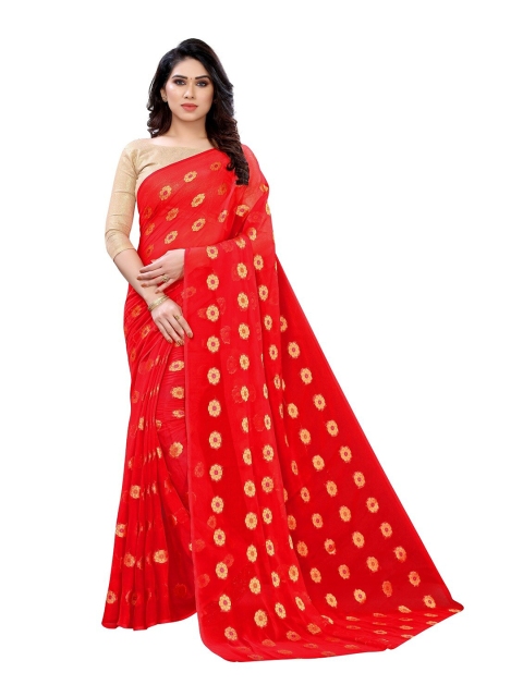 

PERFECTBLUE Red & Golden Ethnic Motifs Woven Design Saree