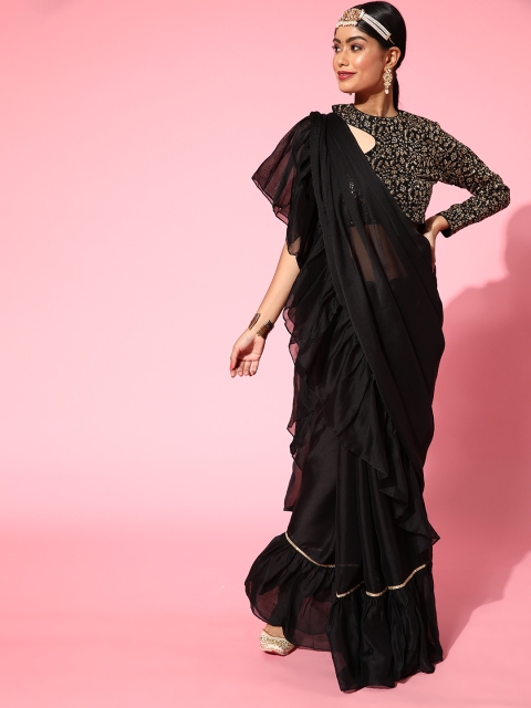 

Inddus Solid Saree with Solid border, Black