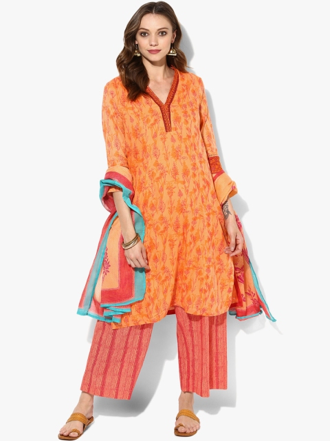 

Biba Orange & Pink Printed Kurta with Palazzos & Dupatta