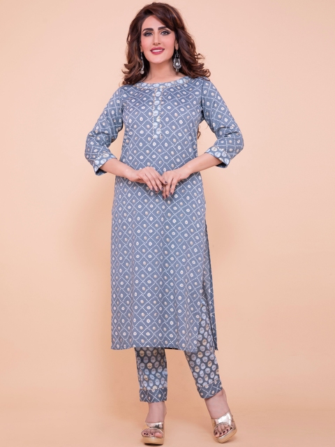 

POONAM DESIGNER Women Grey Printed Angrakha Pure Cotton Kurti with Trousers