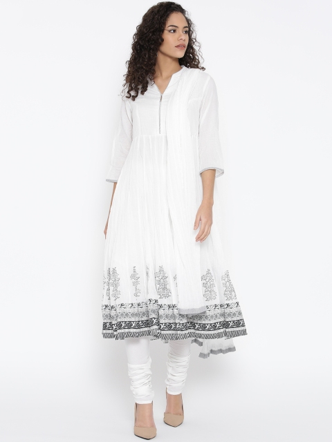 

Biba White Printed Detail Anarkali Churidar Kurta with Dupatta